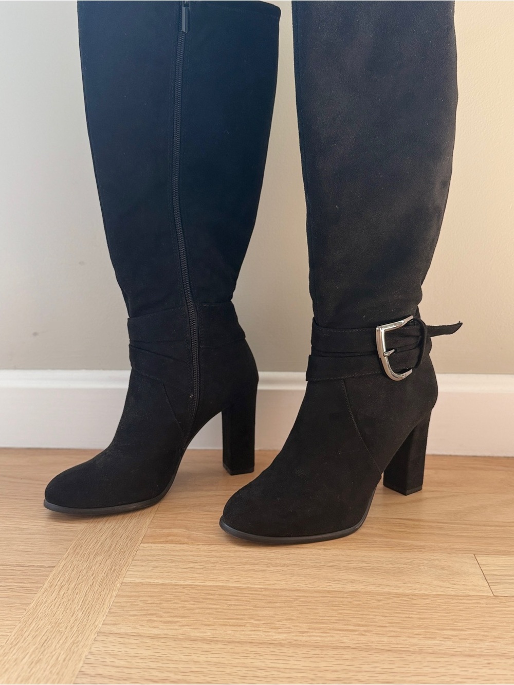 ๐ค IMPO Black Stretch Knee-High Boots | 3.5" Block Heel | Silver Buckle